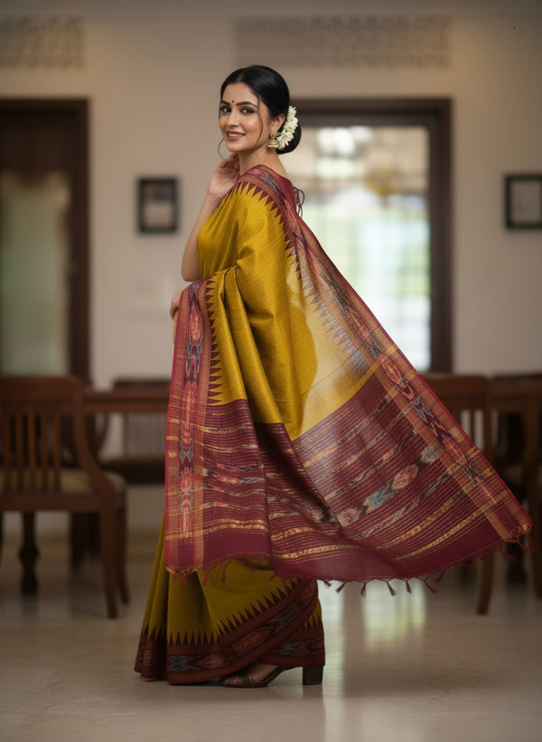 Punya – Pure Raw Silk Pochampally Saree with Temple Ikkat Border & Pallu - Thugil