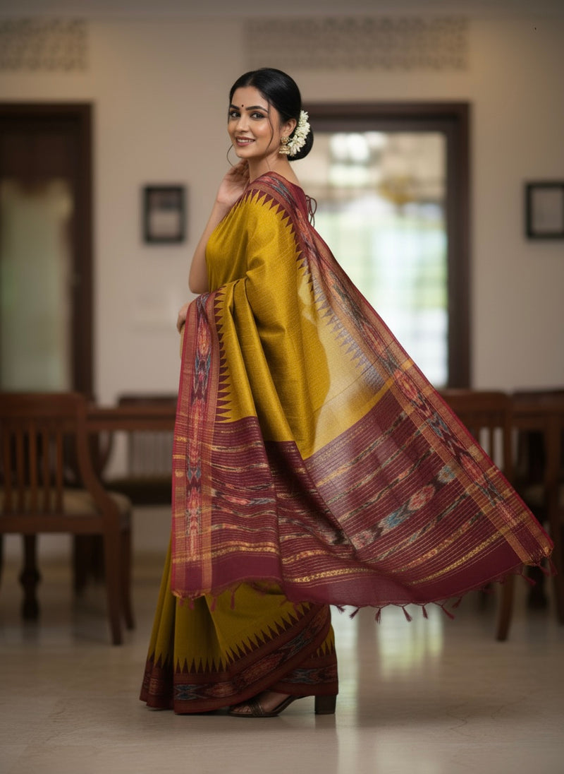 Punya – Pure Raw Silk Pochampally Saree with Temple Ikkat Border & Pallu - Thugil