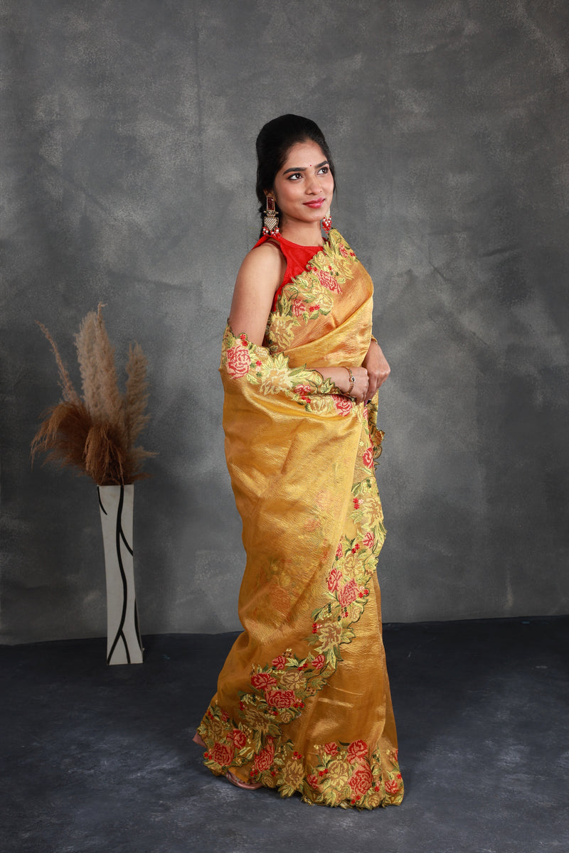 Mustard Crush Tissue Saree with Embroidery - Thugil