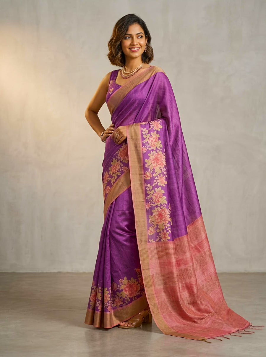 Kanisha-Pure Tussar Silk Saree with Zari Border & Traditional Print