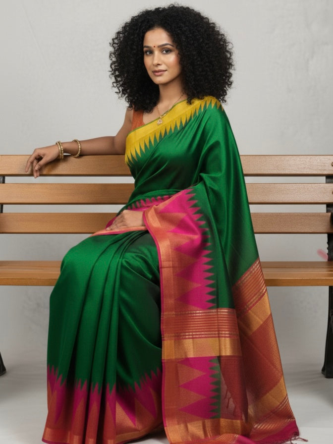 Anvitha-Pure Raw Silk Temple Border Saree - Thugil