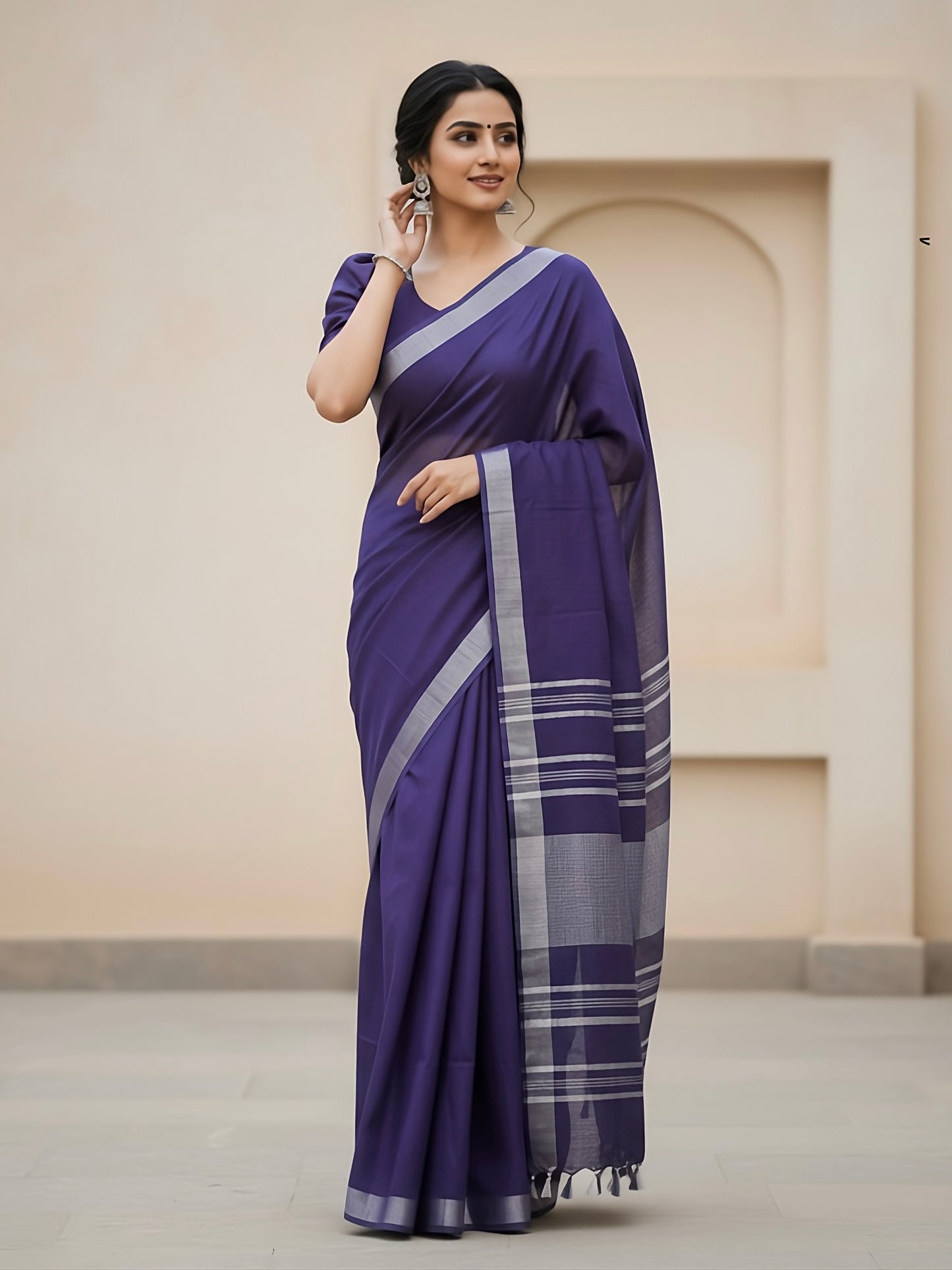 Nisha Semi Linen Summer Saree with Silver Stripes - Thugil