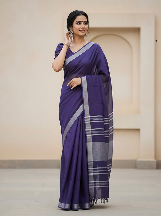 Nisha Semi Linen Summer Saree with Silver Stripes