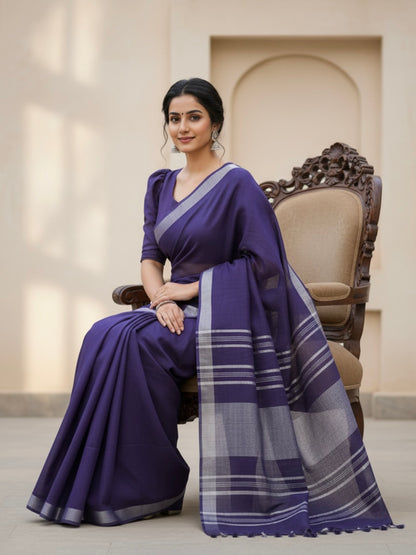 Nisha Semi Linen Summer Saree with Silver Stripes - Thugil