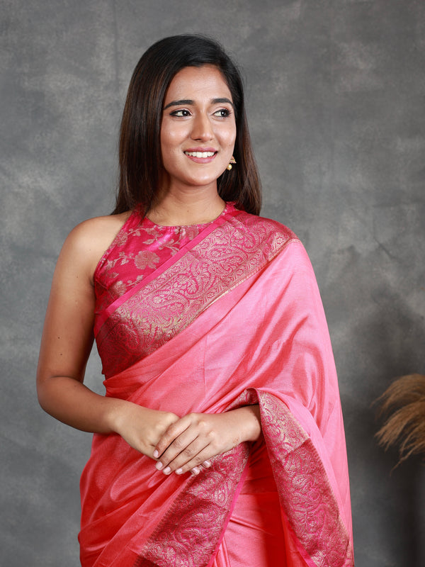 A Pink Saree adorned with a beautiful border - Thugil