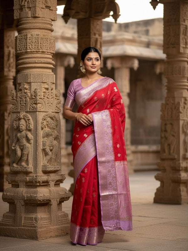 Aarohi – Red Orchid Banarasi Katan Silk Saree - Thugil