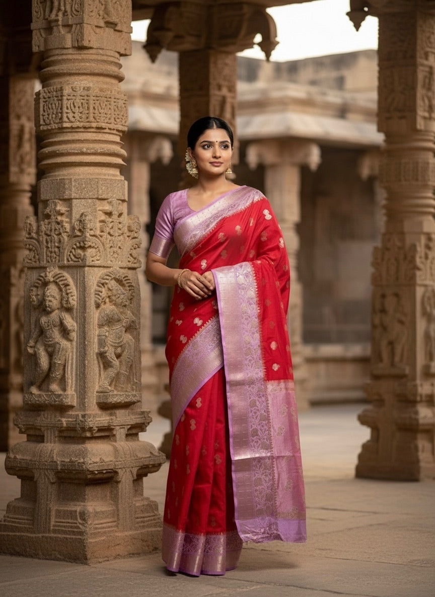 Aarohi – Red Orchid Banarasi Katan Silk Saree - Thugil