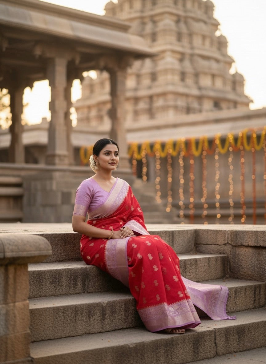 Aarohi – Red Orchid Banarasi Katan Silk Saree - Thugil