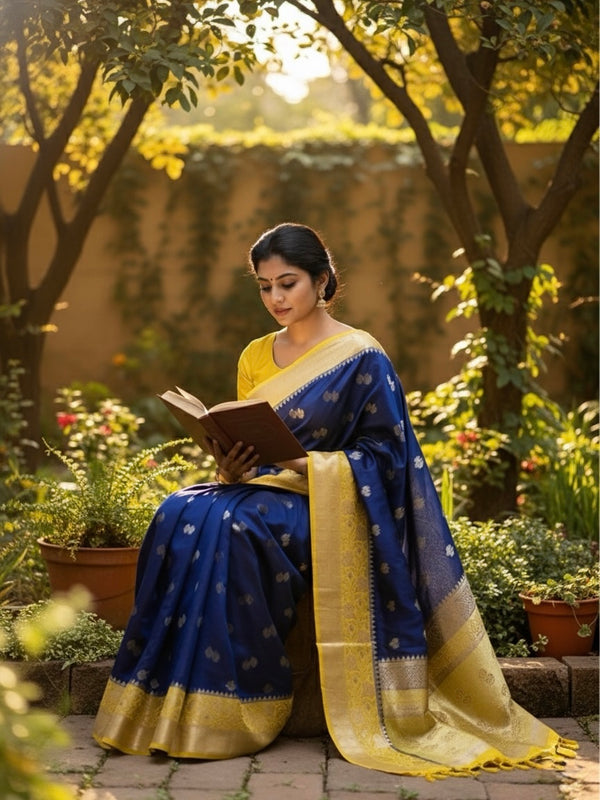 Varnika – Royal Blue Banarasi Katan Silk Saree with Contrast Minakari Border - Thugil