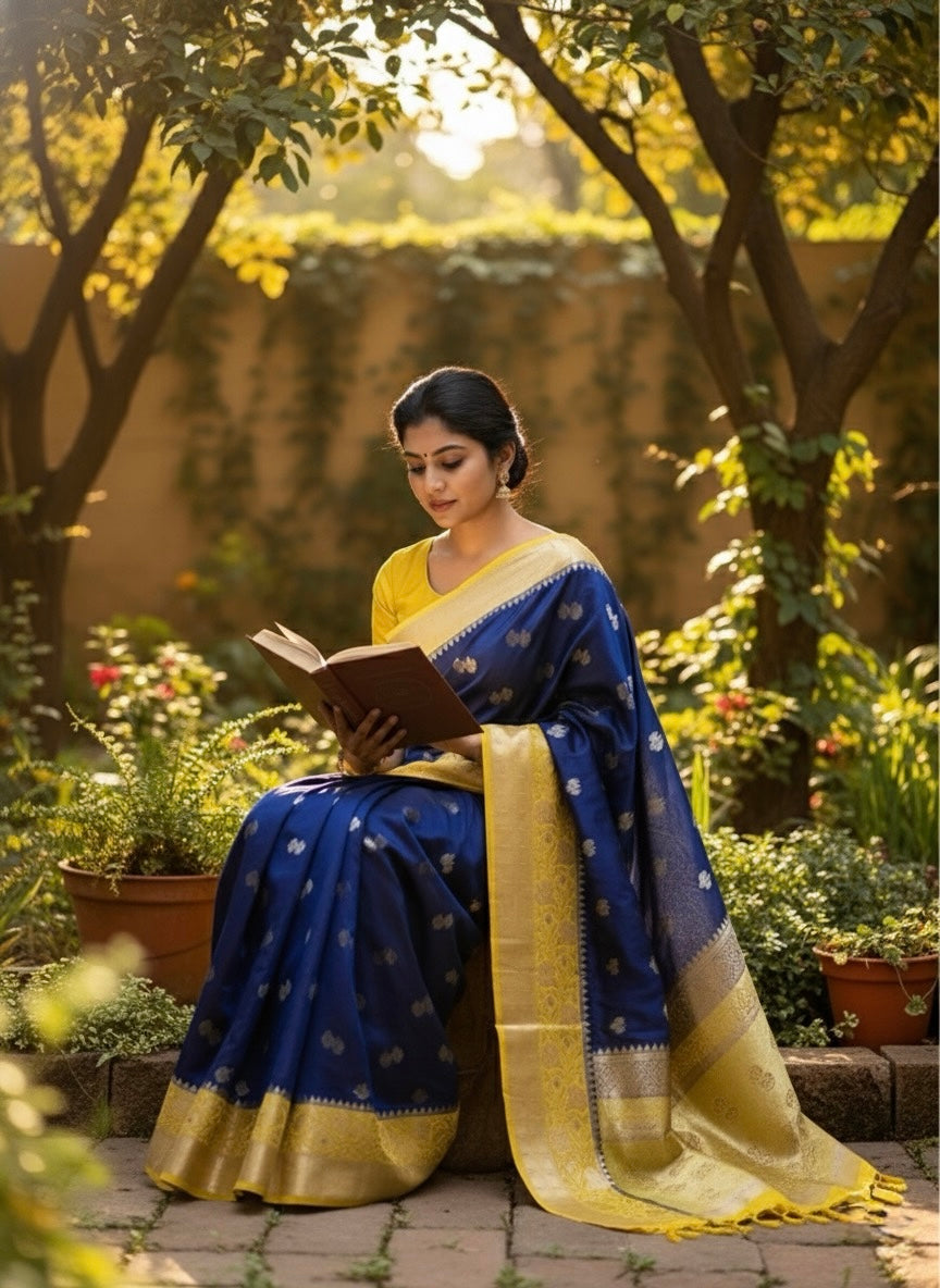 Varnika – Royal Blue Banarasi Katan Silk Saree with Contrast Minakari Border - Thugil