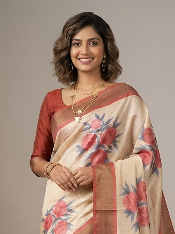 Hameena -Pure Tussar Silk Saree with Zari Border & Traditional Print