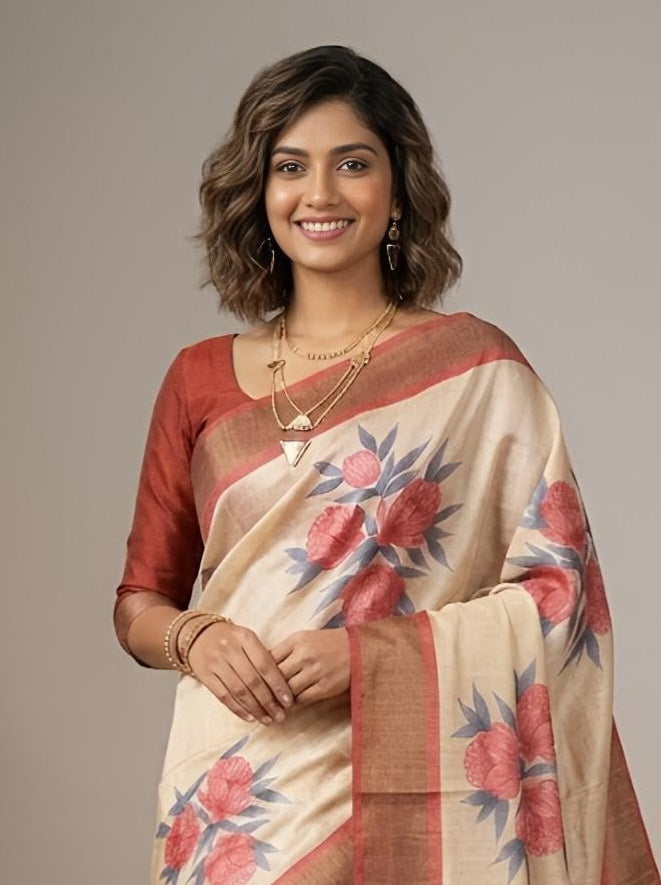 Hameena -Pure Tussar Silk Saree with Zari Border & Traditional Print
