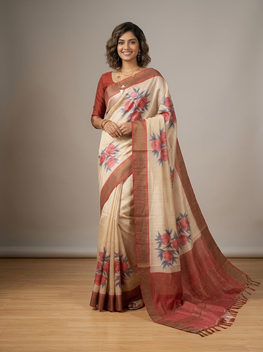 Hameena -Pure Tussar Silk Saree with Zari Border & Traditional Print