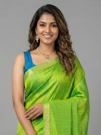 Woman wearing a green saree with a blue blouse against a gray background