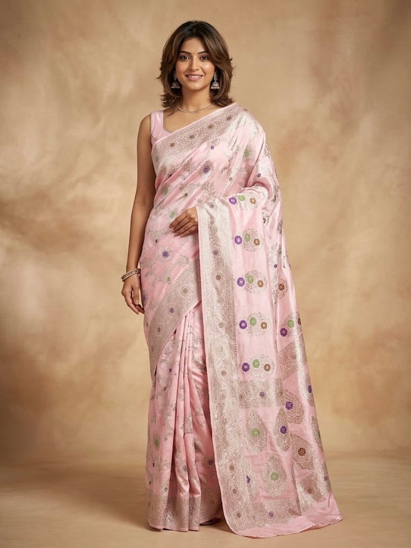 A woman modeling a light pink saree with metallic silver zari embroidery and multicolor floral motifs, set against a warm beige studio backdrop.