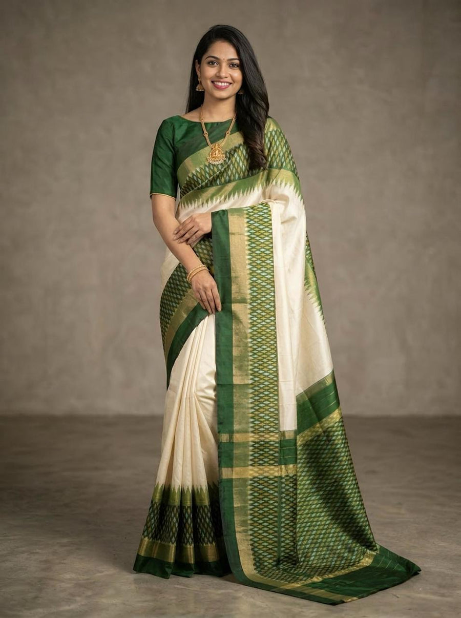 Woman wearing a green and white saree with a plain background