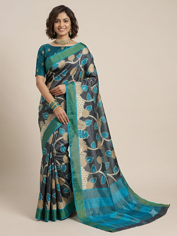 Magizhi-Pure Tussar Silk Saree with Zari Border & Traditional Print