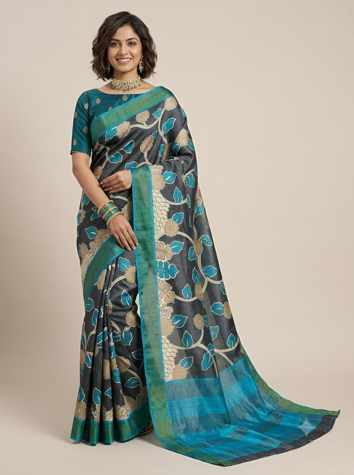 Magizhi-Pure Tussar Silk Saree with Zari Border & Traditional Print