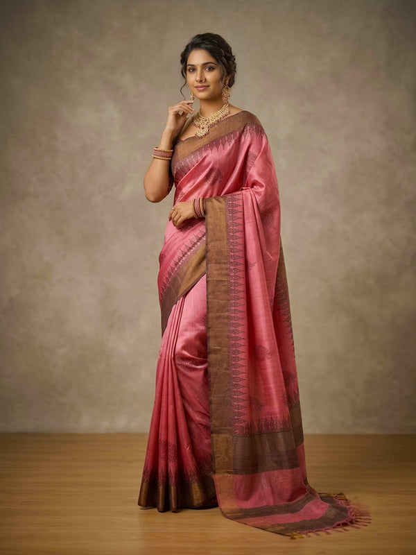 Raina -Pure Tussar Silk Saree with Zari Border & Traditional Print