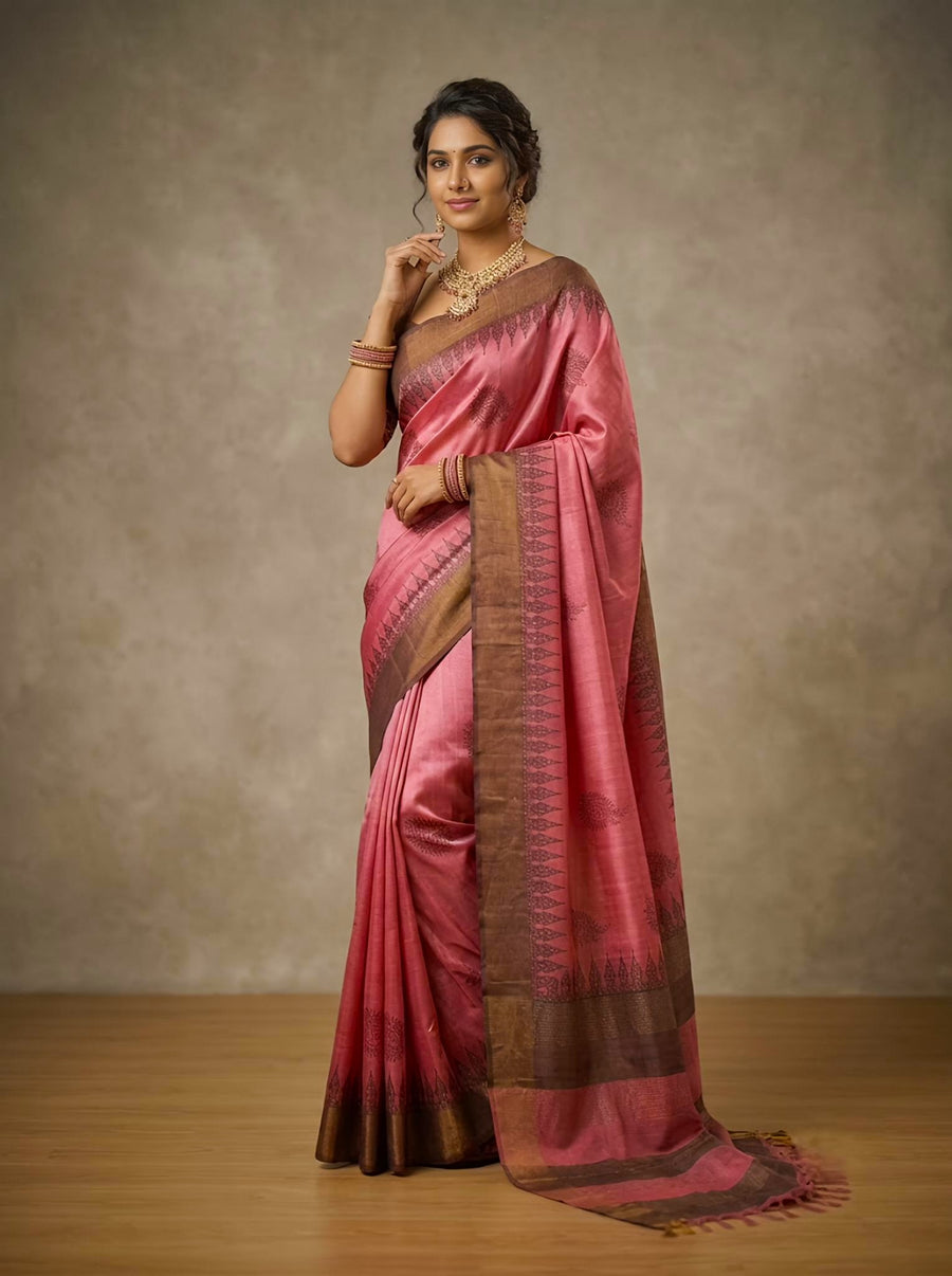 Raina -Pure Tussar Silk Saree with Zari Border & Traditional Print