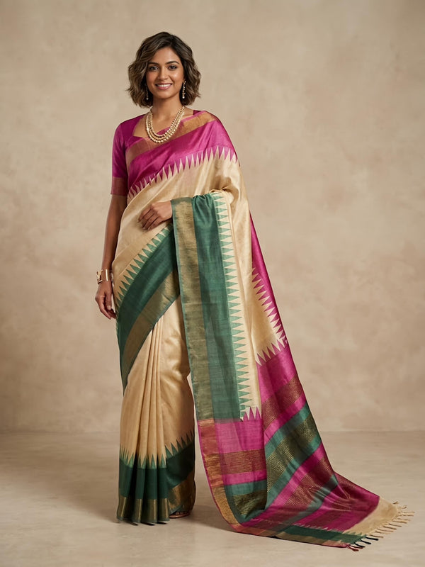 Nithra -Pure Tussar Silk Saree with Zari Border & Traditional Print