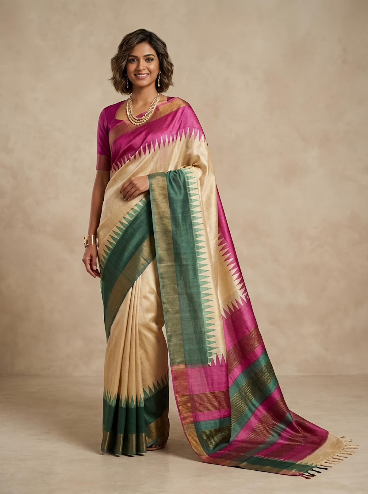 Nithra -Pure Tussar Silk Saree with Zari Border & Traditional Print