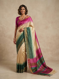 Nithra -Pure Tussar Silk Saree with Zari Border & Traditional Print