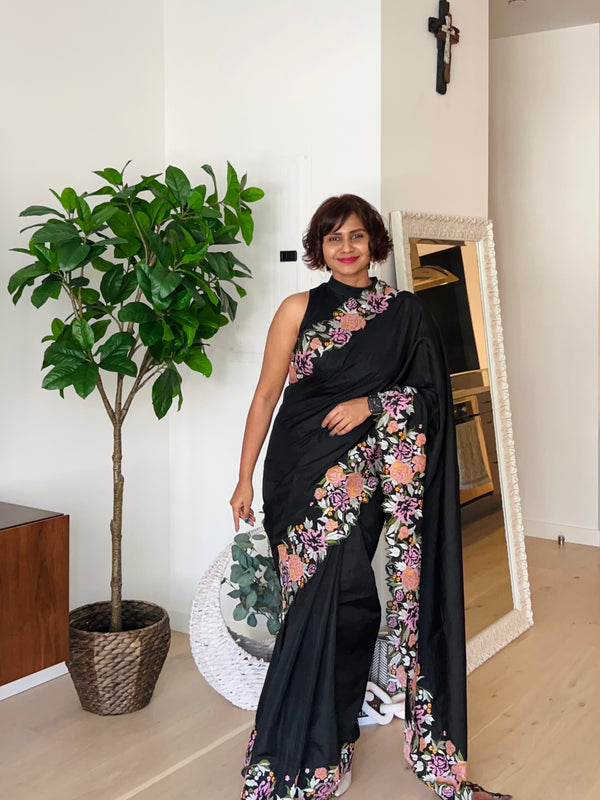 Black Tussar Raw Silk Saree With Embroidery - Thugil
