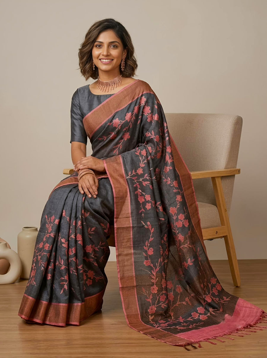 Maanee-Pure Tussar Silk Saree with Zari Border & Traditional Print