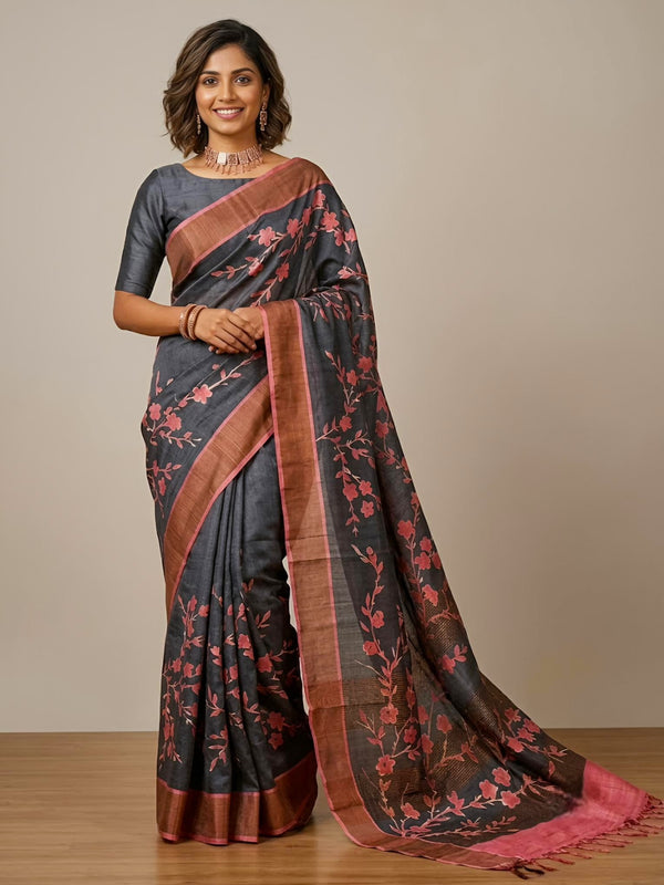 Maanee-Pure Tussar Silk Saree with Zari Border & Traditional Print