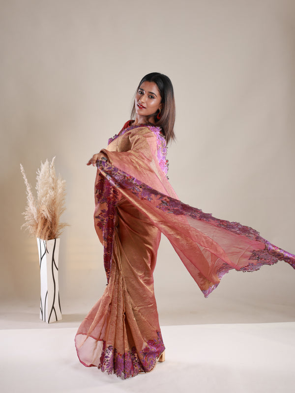 Copper Colour Crush Tissue Saree With Embroidery - Thugil