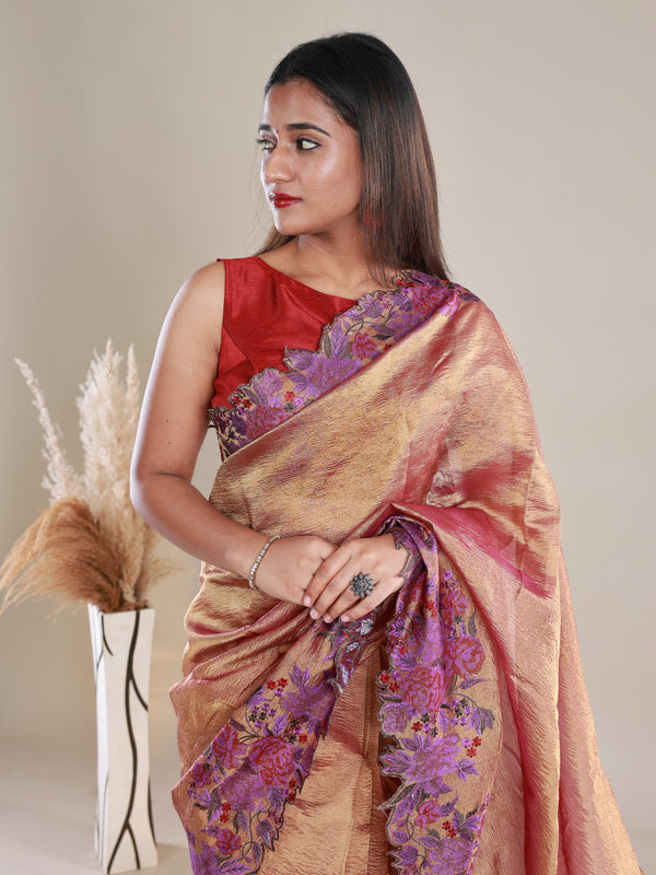 Copper Colour Crush Tissue Saree With Embroidery - Thugil