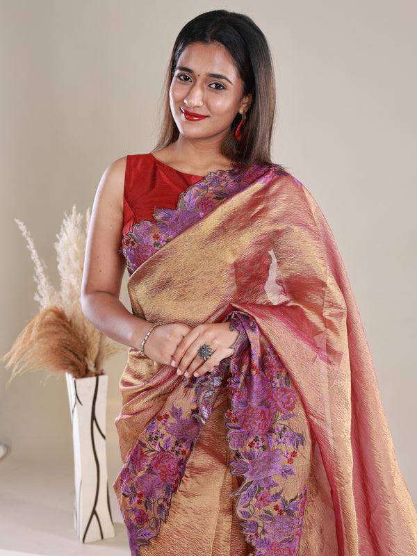 Copper Colour Crush Tissue Saree With Embroidery - Thugil