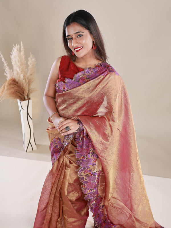 Copper Colour Crush Tissue Saree With Embroidery - Thugil