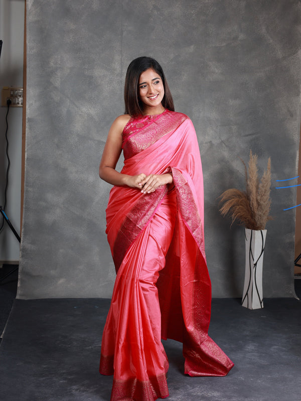 A Pink Saree adorned with a beautiful border - Thugil