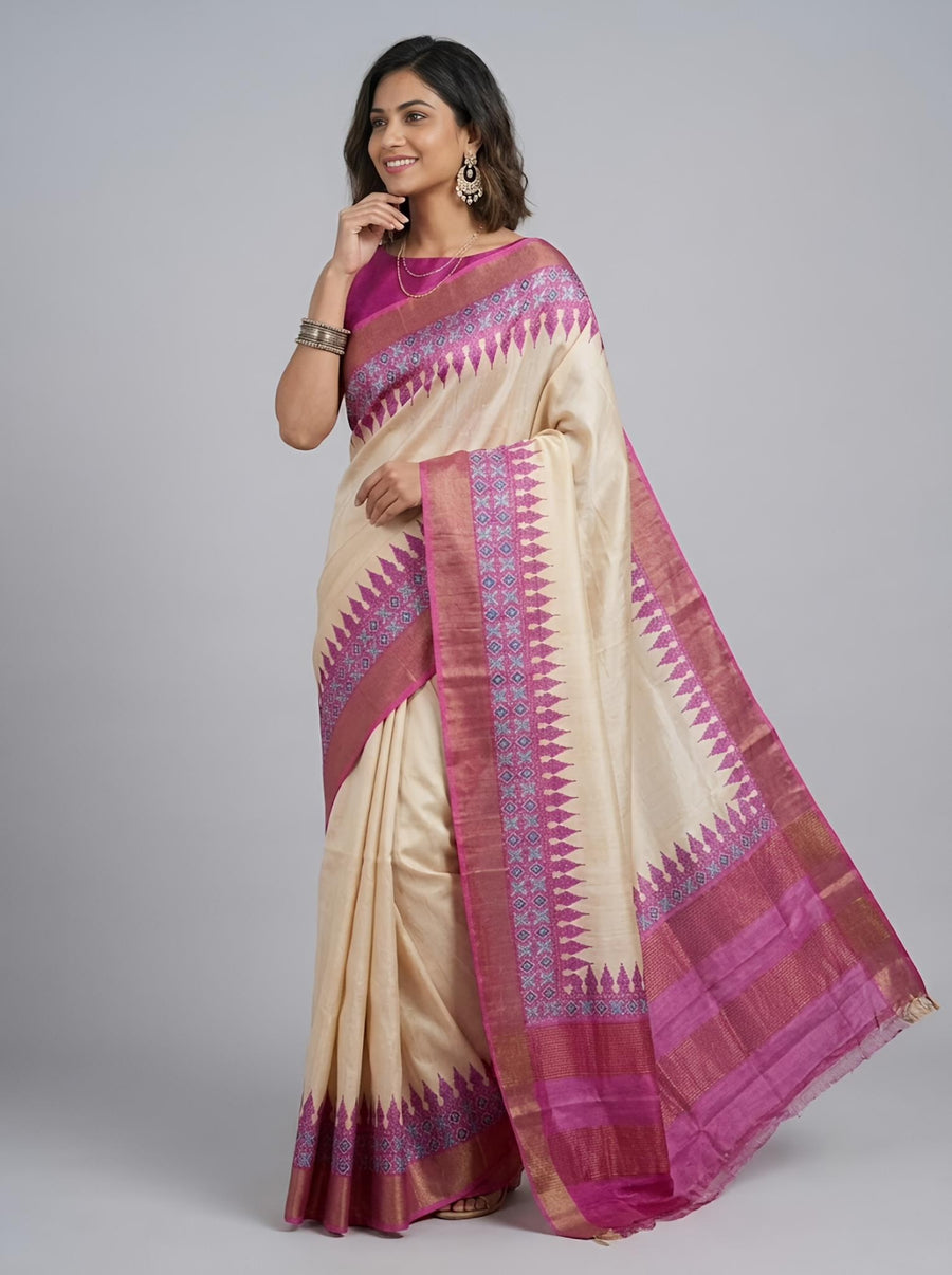 Muniya-Pure  Tussar Silk Saree with Zari Border & Traditional Print