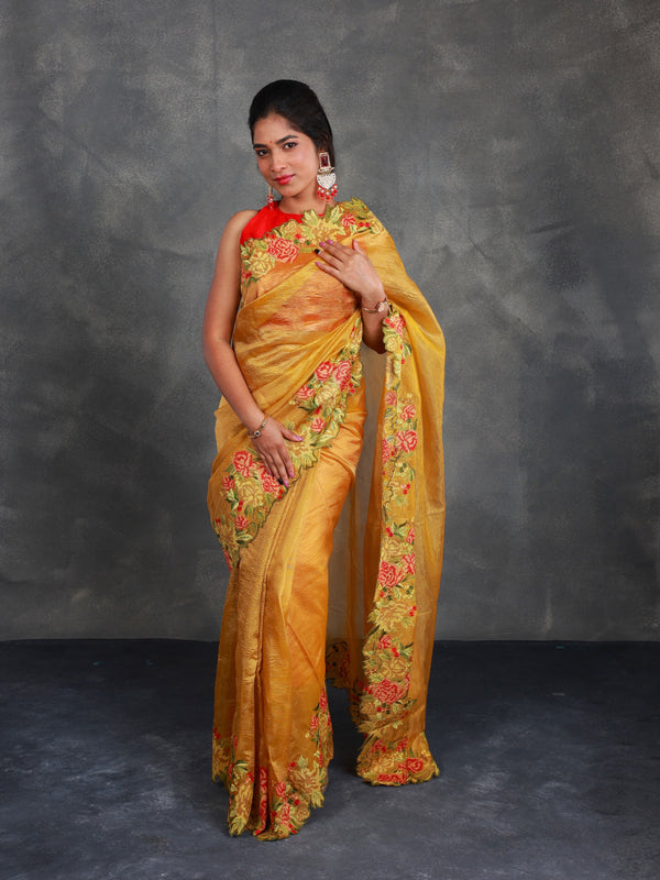 Mustard Crush Tissue Saree with Embroidery - Thugil