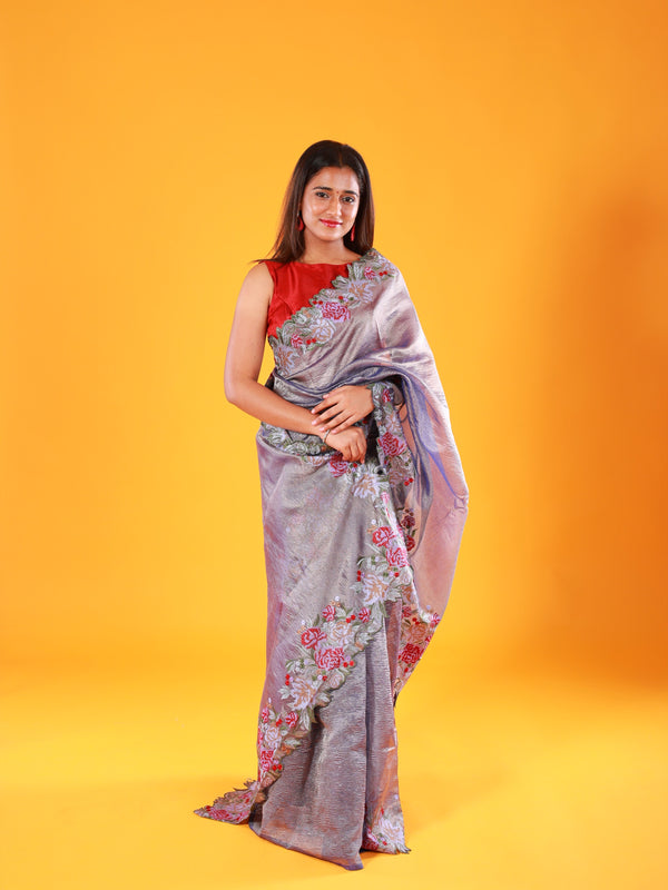 Grey Crush Tissue Saree with Embroidery - Thugil