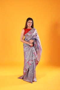 Grey Crush Tissue Saree with Embroidery - Thugil