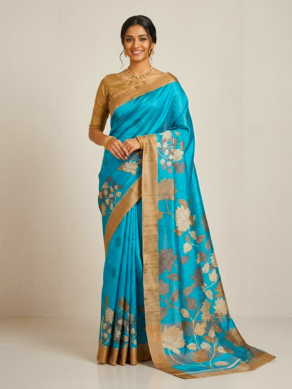 Nikita -Pure Tussar Silk Saree with Zari Border & Traditional Print