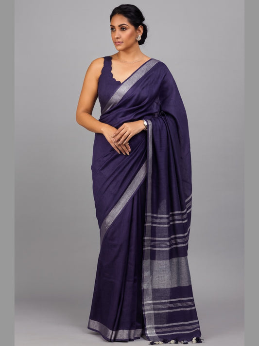 Nisha Semi Linen Summer Saree with Silver Stripes