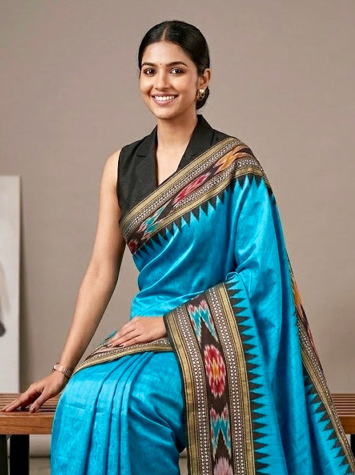 Woman wearing a blue saree with a patterned border in a room.