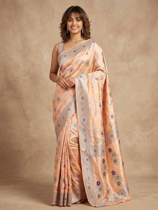 A woman modeling a peach-colored silk saree with silver zari embroidery and multicolor floral motifs, set against a warm beige textured studio backdrop.