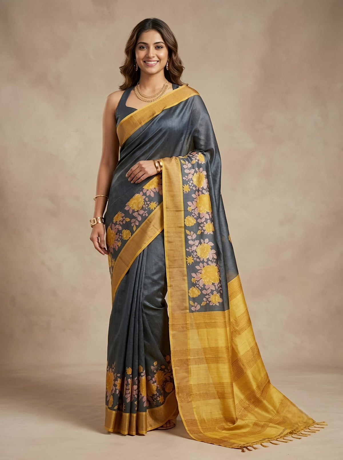 Bahana-Pure Tussar Silk Saree with Zari Border & Traditional Print