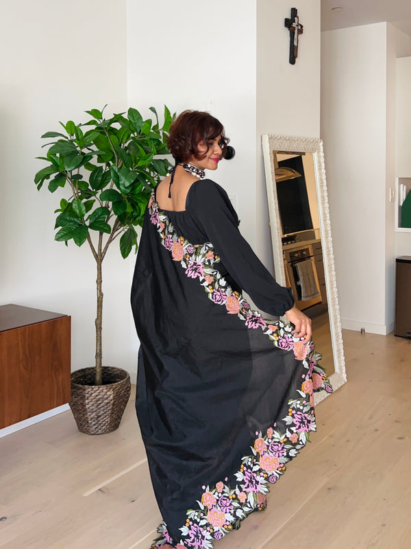 Black Tussar Raw Silk Saree With Embroidery - Thugil