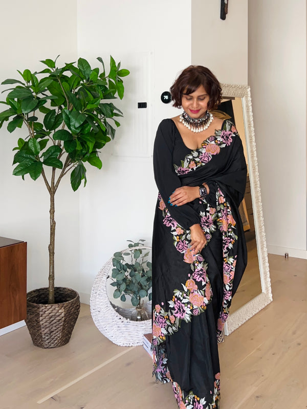 Black Tussar Raw Silk Saree With Embroidery - Thugil