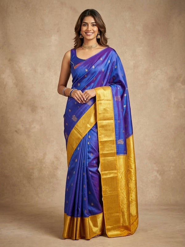 A woman modeling a royal blue and purple silk saree with a wide gold zari border and pallu, standing against a textured beige studio backdrop.
