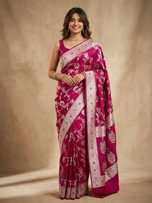 A woman modeling a magenta pink silk saree with intricate silver zari floral patterns and a wide silver border, set against a textured beige studio backdrop.