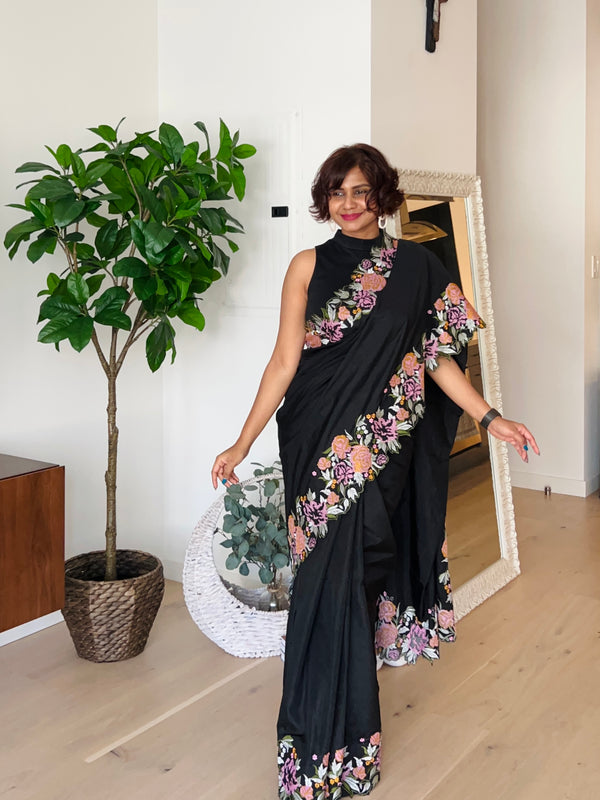 Black Tussar Raw Silk Saree With Embroidery - Thugil