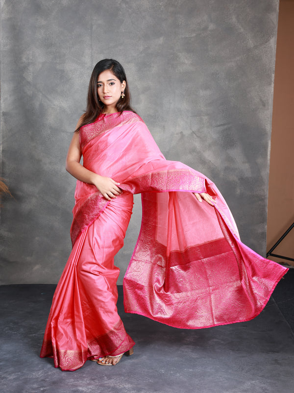 A Pink Saree adorned with a beautiful border - Thugil